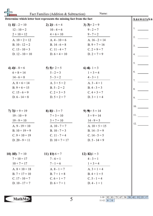 Fact Families Addition & Subtraction Worksheet With Answer Key ...