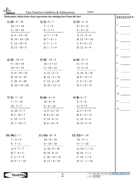 Fact Families Addition & Subtraction Worksheet With Answer Key Printable pdf