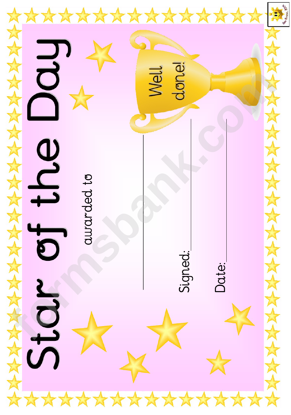 Star Of The Day Award Certificate Template - Pink