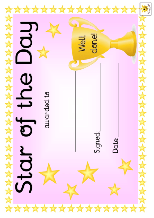 Star Of The Day Award Certificate Template - Pink Printable pdf