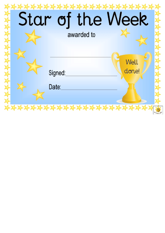 Star Of The Week Award Certificate Template - Blue Printable pdf