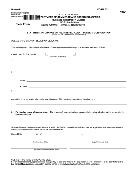 Fillable Form Fc-2 - Statement Of Change Of Registered Agent, Foreign ...