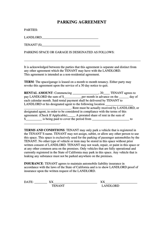 Fillable Parking Agreement Template Printable pdf