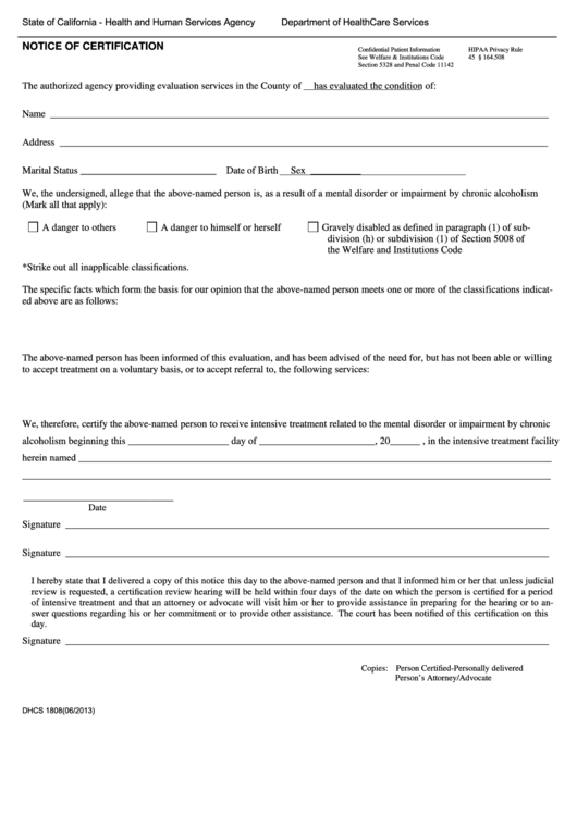 Fillable Form Dhcs 1808 - Notice Of Certification Printable pdf