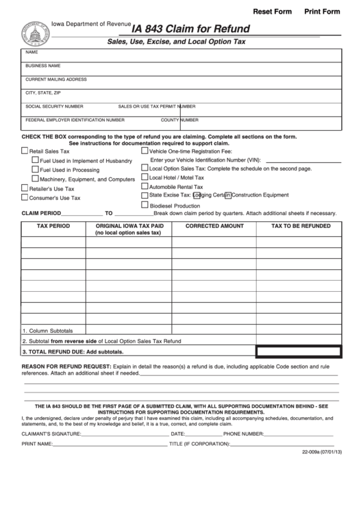 Fillable Form - Ia 843 - Claim For Refund - Iowa Department Of Revenue - 2013 Printable pdf