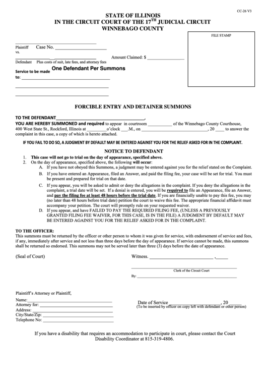 Fillable Form Cc-26 - Forcible Entry And Detainer Summons Printable pdf