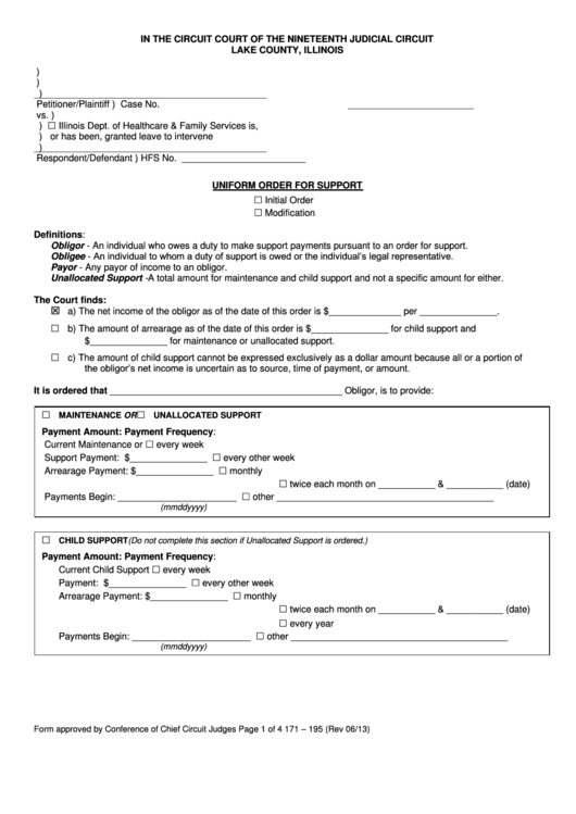 Fillable Uniform Order For Support Form - Lake County, Illinois Printable pdf