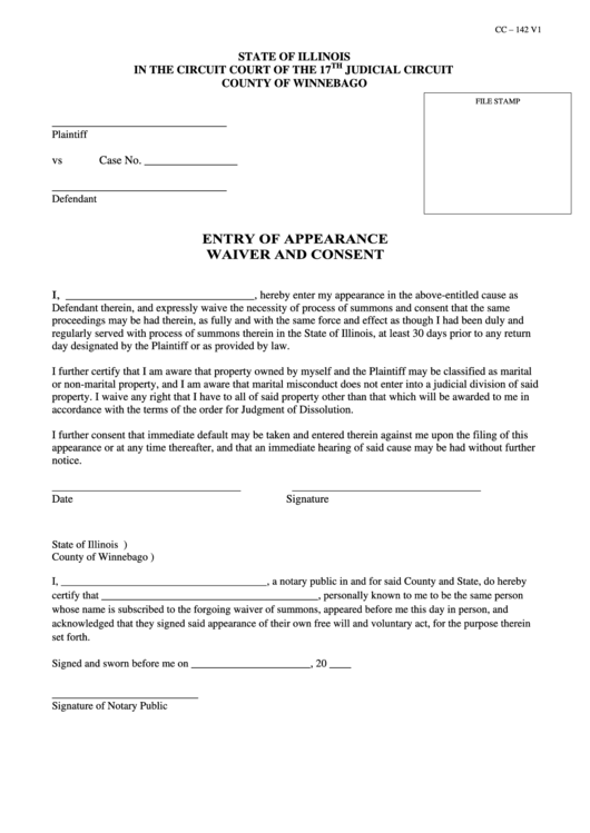 Fillable Entry Of Appearance Waiver And Consent Form - County Of Winnebago, Illinois Printable pdf
