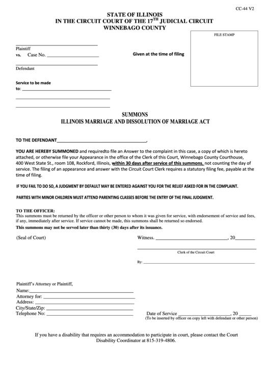 Fillable Form Cc-44 - Summons Illinois Marriage And Dissolution Of Marriage Act Printable pdf