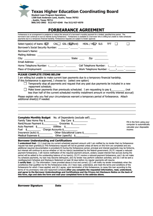 Fillable Forbearance Fgreement Form Printable pdf