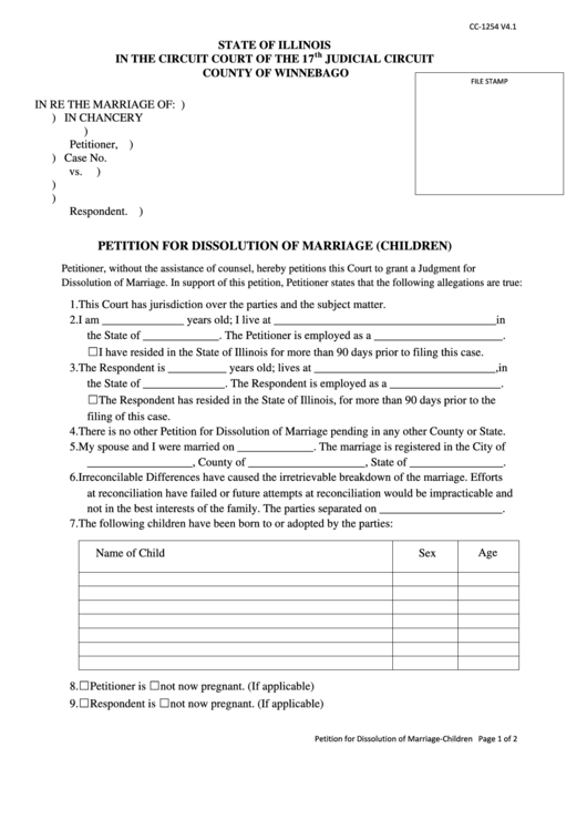 Fillable Form Cc-1254 - Petition For Dissolution Of Marriage (Children) Printable pdf