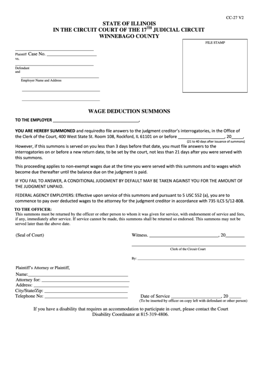 Fillable Form Cc-27 - Wage Deduction Summons - Winnebago County, Illinois Printable pdf