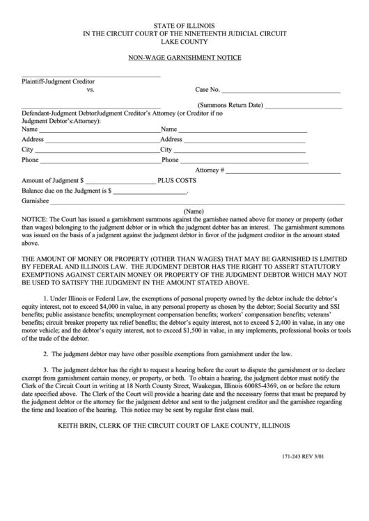 Fillable Non Wage Garnishment Notice Form - Lake County, Illinois Printable pdf