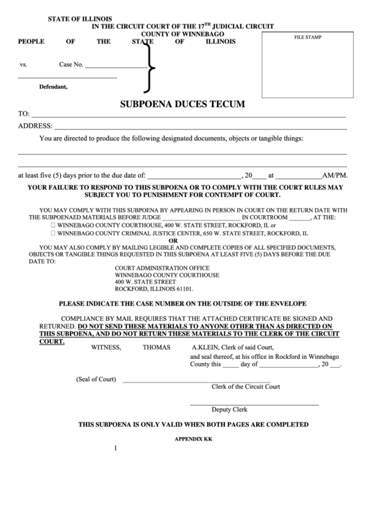 Fillable Subpoena Duces Tecum Form - County Of Winnebago, Illinois Printable pdf