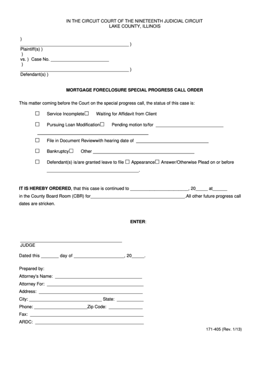 Fillable Mortgage Foreclosure Special Progress Call Order Form - Lake County, Illinois Printable pdf