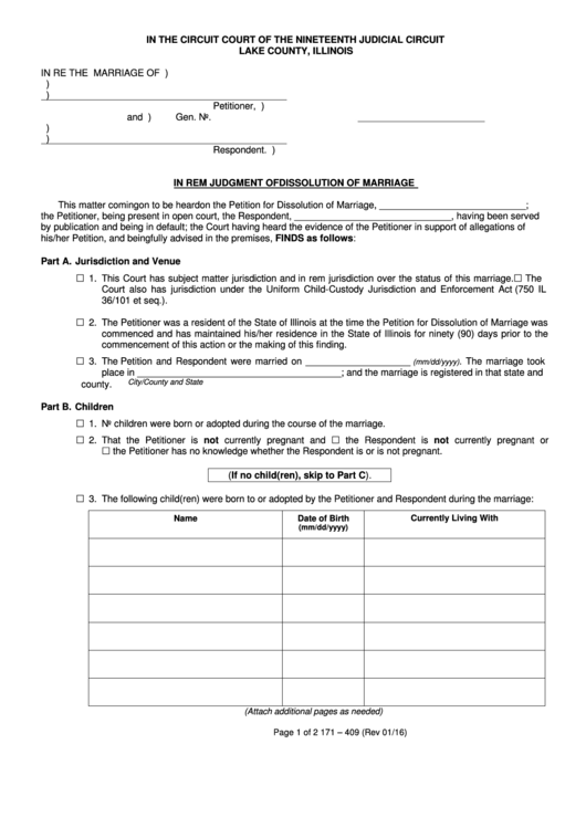 Fillable In Rem Judgment Of Dissolution Of Marriage Form - Lake County, Illinois Printable pdf