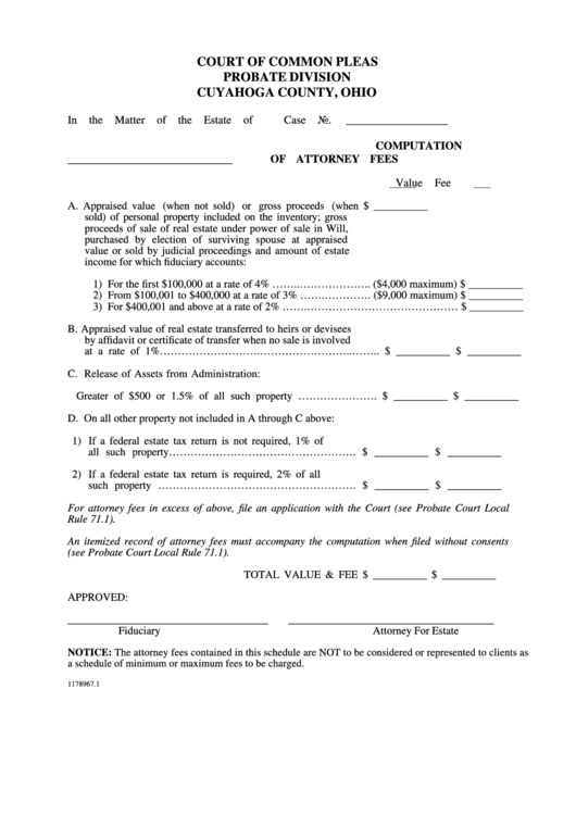 Fillable Computation Of Attorney Fees Form - Cuyahoga County, Ohio Printable pdf