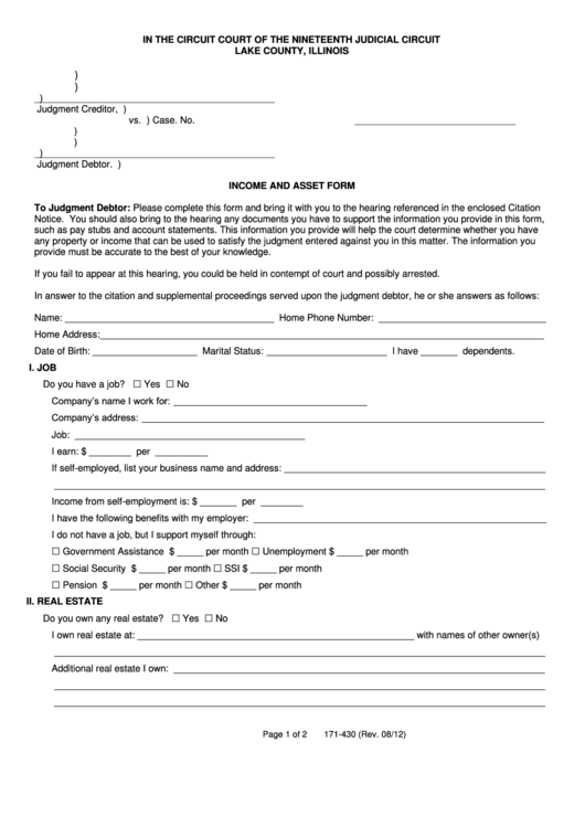 Fillable Form 171-430 - Income And Asset Form - Lake County, Illinois Printable pdf