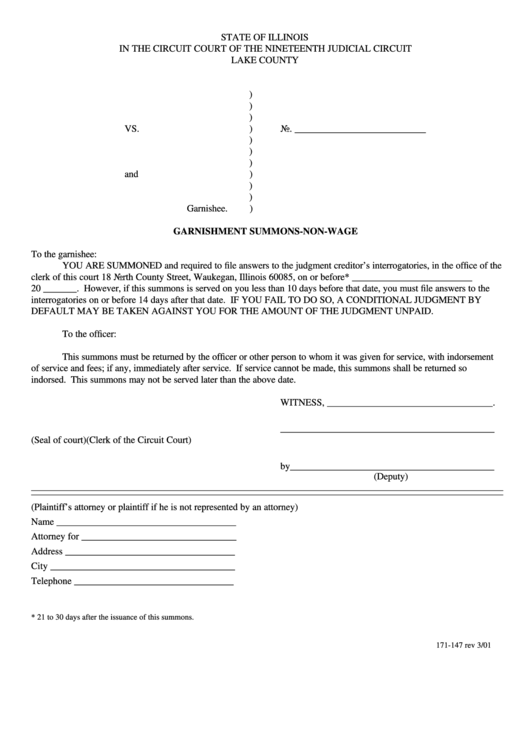 Fillable Garnishment Summons Non Wage Form - Lake County, Illinois Printable pdf