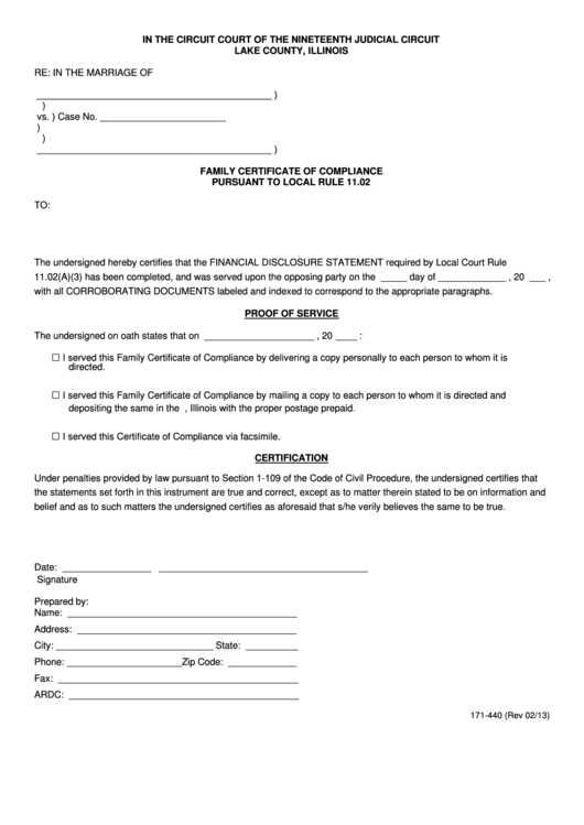 Fillable Family Certificate Of Compliance Pursuant To Local Rule 11.02 Form - Lake County, Illinois Printable pdf