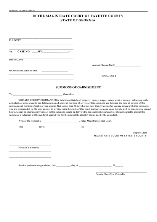 Fillable Summons Of Garnishment Form - Magistrate Court Of Fayette County State Of Georgia Printable pdf