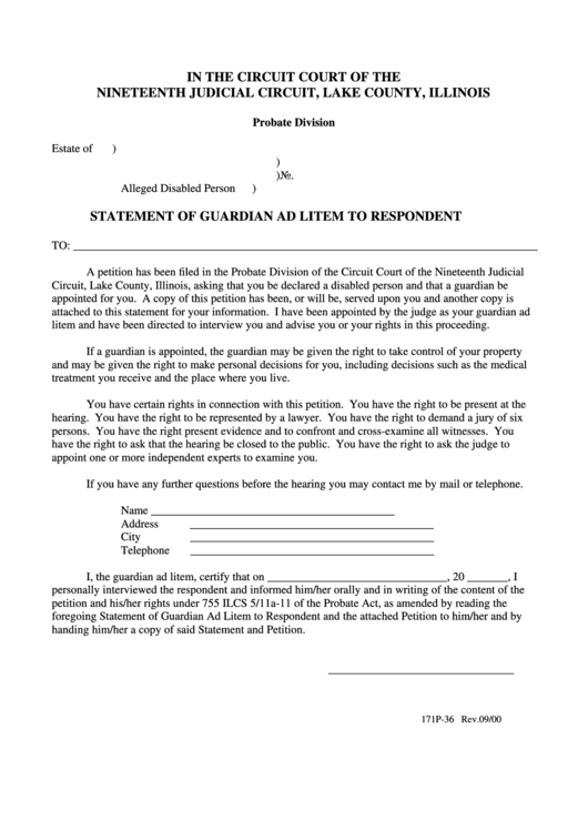 Fillable Statement Of Guardian Ad Litem To Respondent Form - Lake County, Illinois Printable pdf