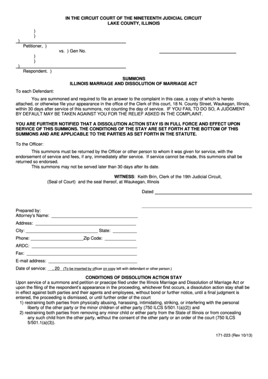Fillable Summons Illinois Marriage And Dissolution Of Marriage Act Form - Lake County, Illinois Printable pdf