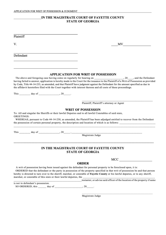 Fillable Application For Writ Of Possession & Judgement Form - Magistrate Court Of Fayette County State Of Georgia Printable pdf