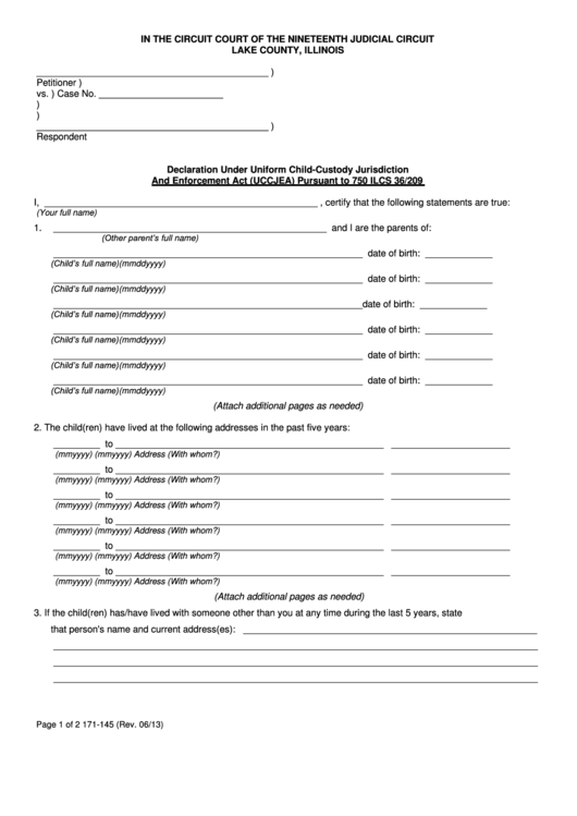 Fillable Declaration Under Uniform Child-Custody Jurisdiction And Enforcement Act (Uccjea) Pursuant To 750 Ilcs 36/209 Form - Lake County, Illinois Printable pdf