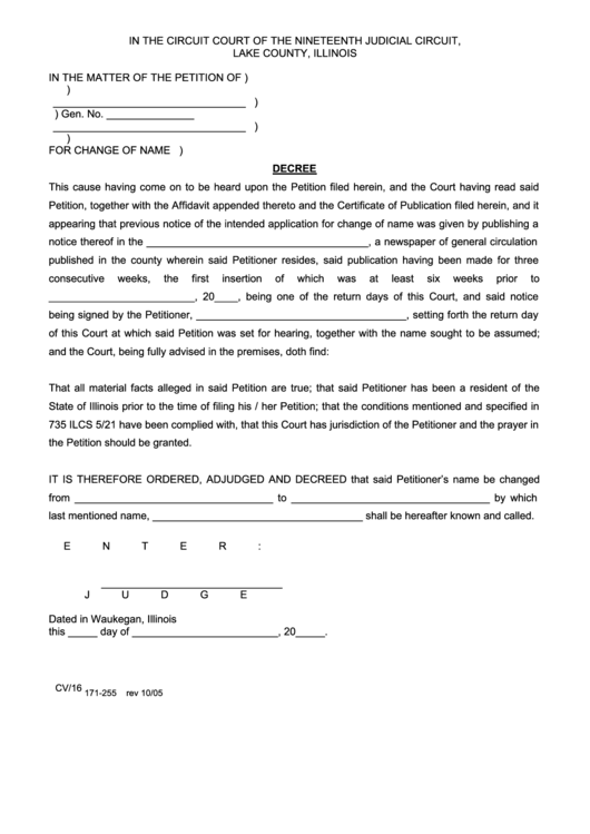Fillable Name Change Decree Form - Lake County, Illinois Printable pdf
