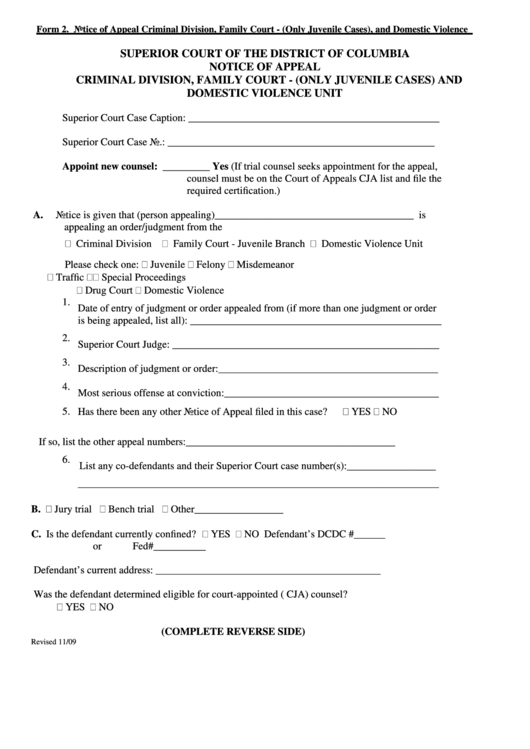 Fillable Notice Of Appeal Form - Domestic Violence Unit - Court Of The District Of Columbia Printable pdf