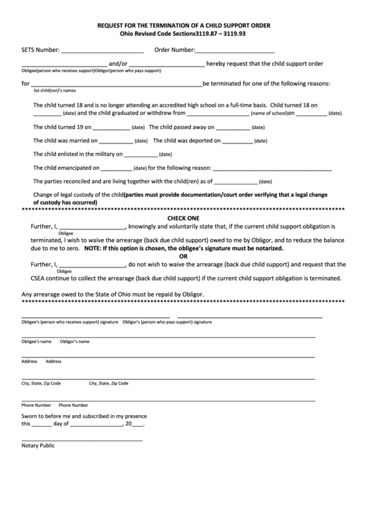 Fillable Request For The Termination Of A Child Support Order Form - Ohio Printable pdf