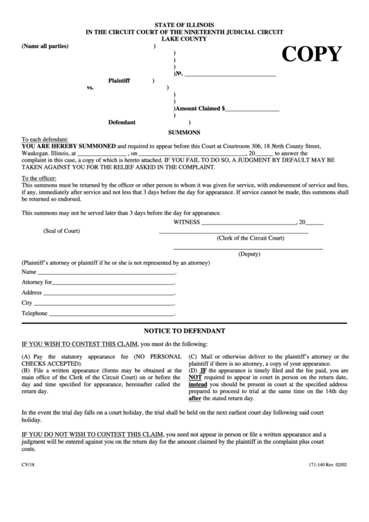 Fillable Form 171-140 - Summons Form - Lake County, Illinois Printable pdf