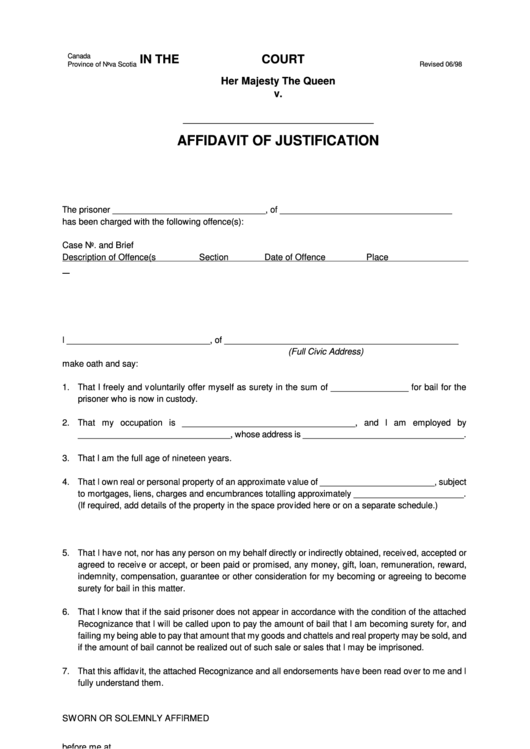 N.s.form 12 - Affidavit Of Justification Form - Nova Scotia, Canada Printable pdf