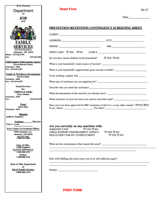 Fillable Form In-57 - Prevention Retention Contingency Screening Sheet - Erie County Department Of Job And Family Servives Printable pdf