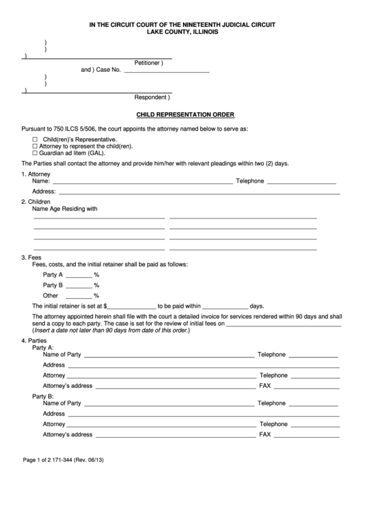 Fillable Child Representation Order Form - Lake County, Illinois Printable pdf