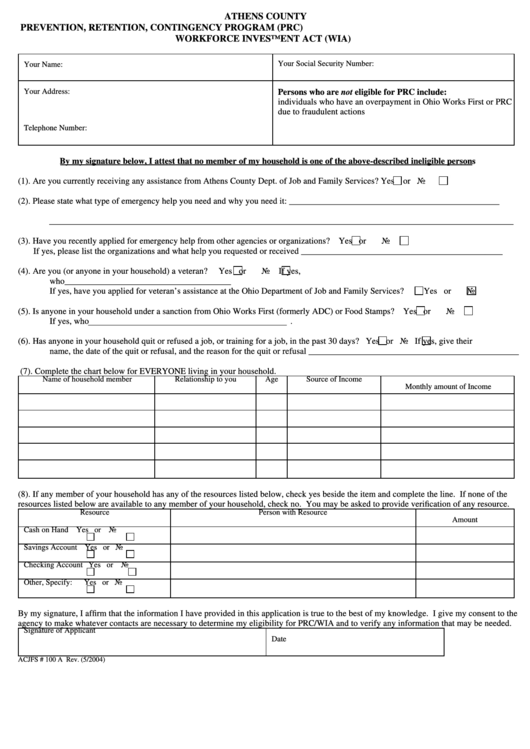 Form Acjfs 100 A - Application For Prevention, Retention And Contingency (Prc) Program And Workforce Investment Act (Wia) Program - Athens County Printable pdf