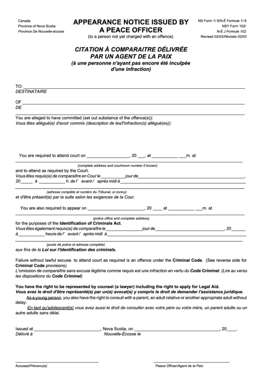 Ns Form 1 - Appearance Notice Issued By A Peace Officer Form - Nova Scotia, Canada Printable pdf