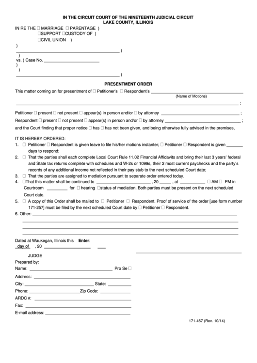 Fillable Presentment Order Form - Lake County, Illinois Printable pdf