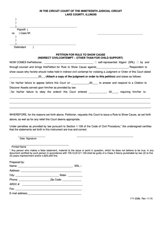 Fillable Petition For Rule To Show Cause (Indirect Civil Contempt - Other Than For Child Support) - Illinois Circuit Court Printable pdf
