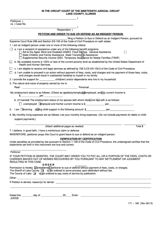 Fillable Petition And Order To Sue Or Defend As An Indigent Person Form - Lake County, Illinois Printable pdf