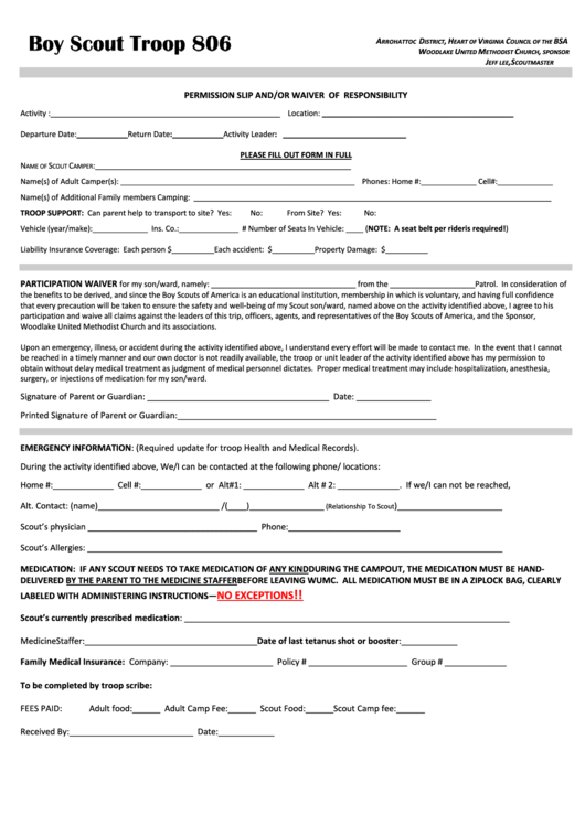 Fillable Permission Slip And/or Waiver Of Responsibility Form - Bsa Troop 806 Printable pdf