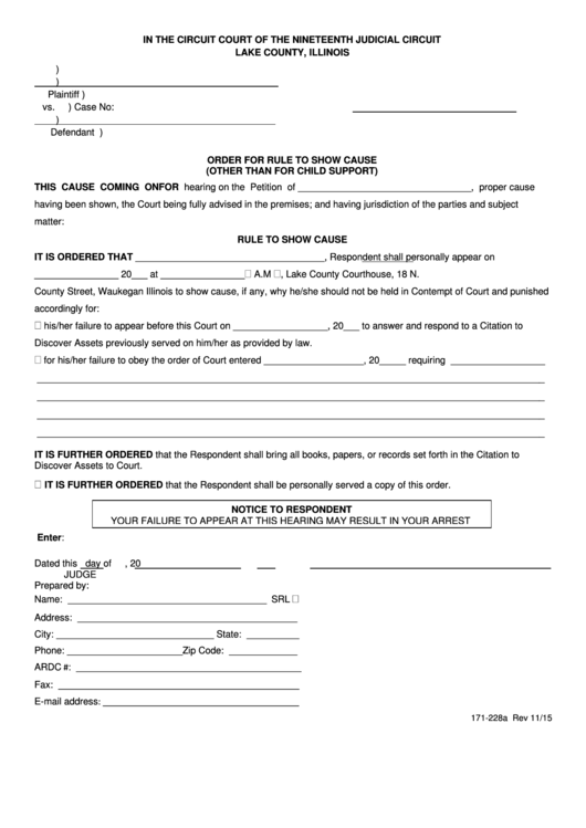 Fillable Form 171-228a - Order For Rule To Show Cause (Other Than For Child Support) Form - Lake County, Illinois Printable pdf