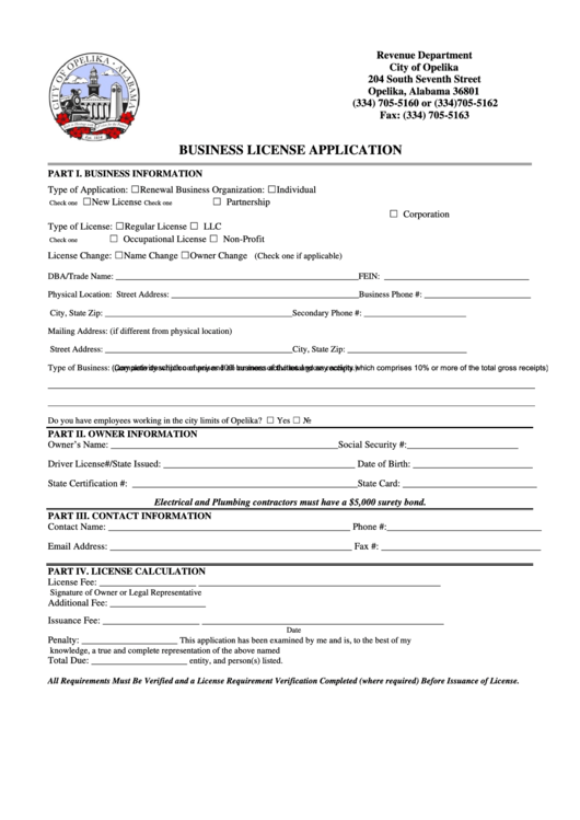 Fillable Business License Application Form - Alabama Revenue Department Printable pdf