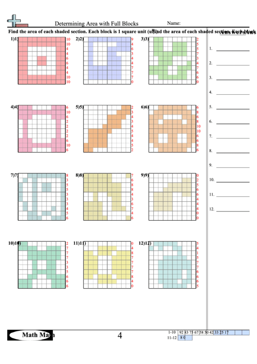 Determining Area With Full Blocks Math Worksheet With Answer Key ...