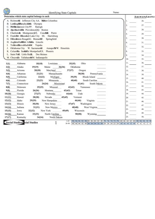 Identifying State Capitals Worksheet With Answer Key Printable pdf