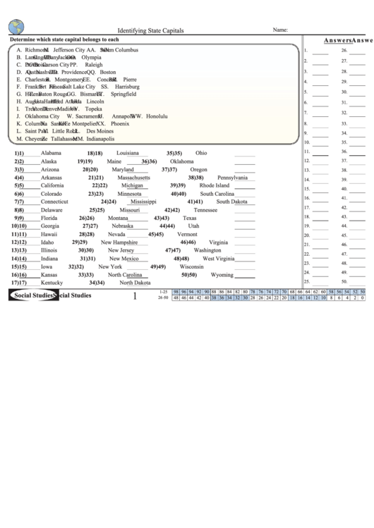 Identifying State Capitals Worksheet With Answer Key Printable Pdf Download