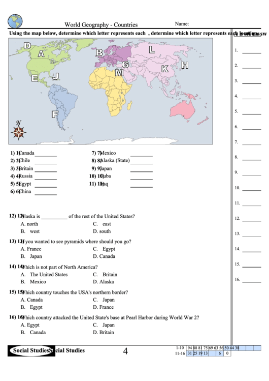 World Geography - Countries Worksheet With Answer Key Printable pdf