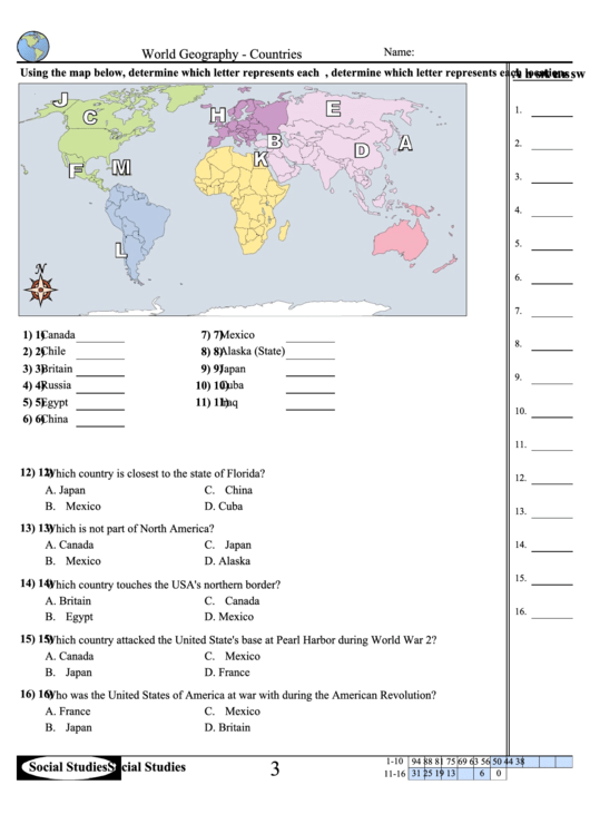 World Geography - Countries Worksheet With Answer Key printable pdf