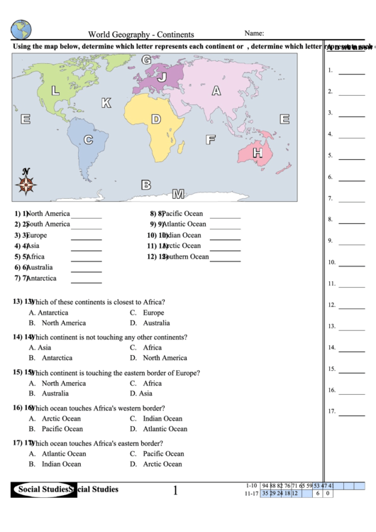 World Geography Continents Worksheet With Answer Key Printable Pdf Download